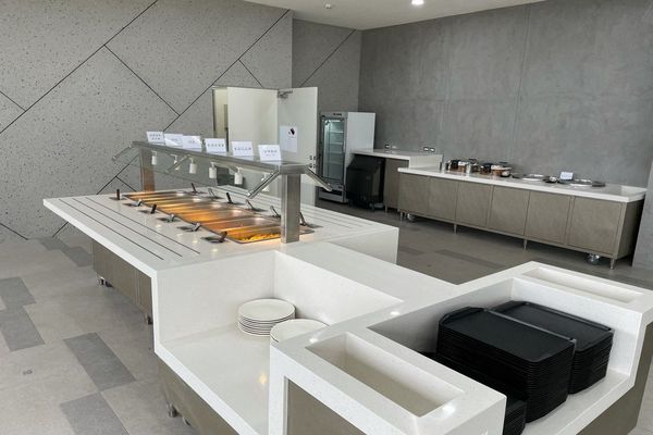 Medium close-up of the dining table of the staff cafeteria of Taiwan Grace Chiayi Factory